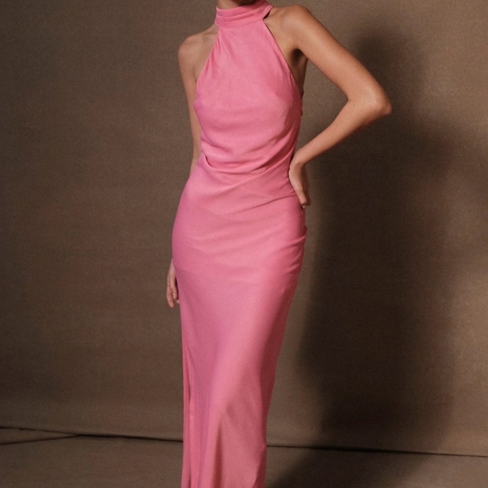 Meshki Pink High-Neck Backless Maxi Dress